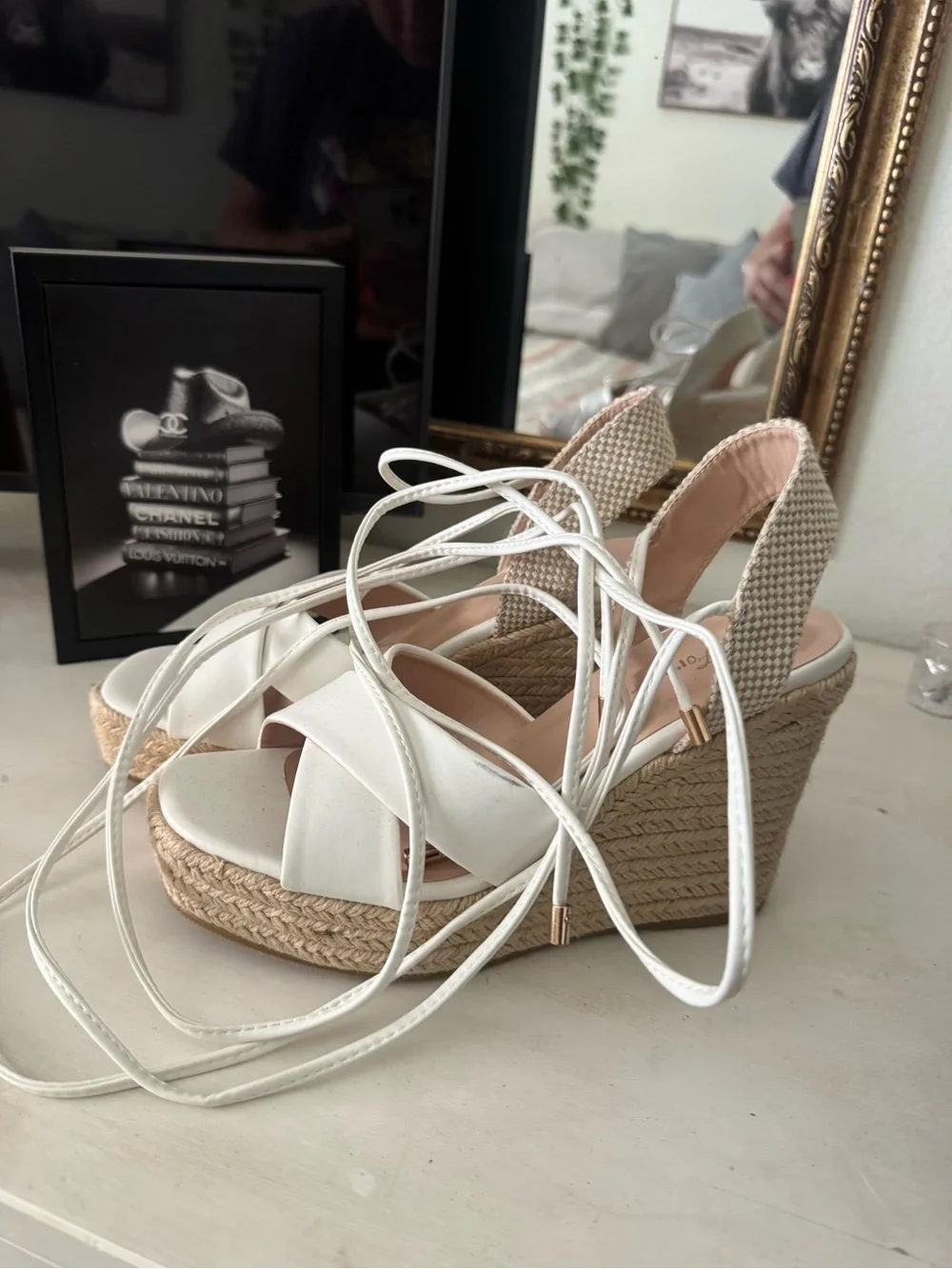 FIONI Clothing Cream Espadrille Wedge Sandals with Ankle Wrap